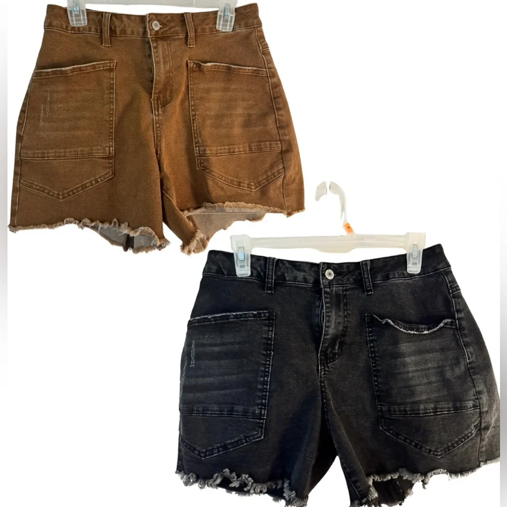 High-Rise Raw-Hem Denim Shorts in Brown and Black - Picture 1 of 5